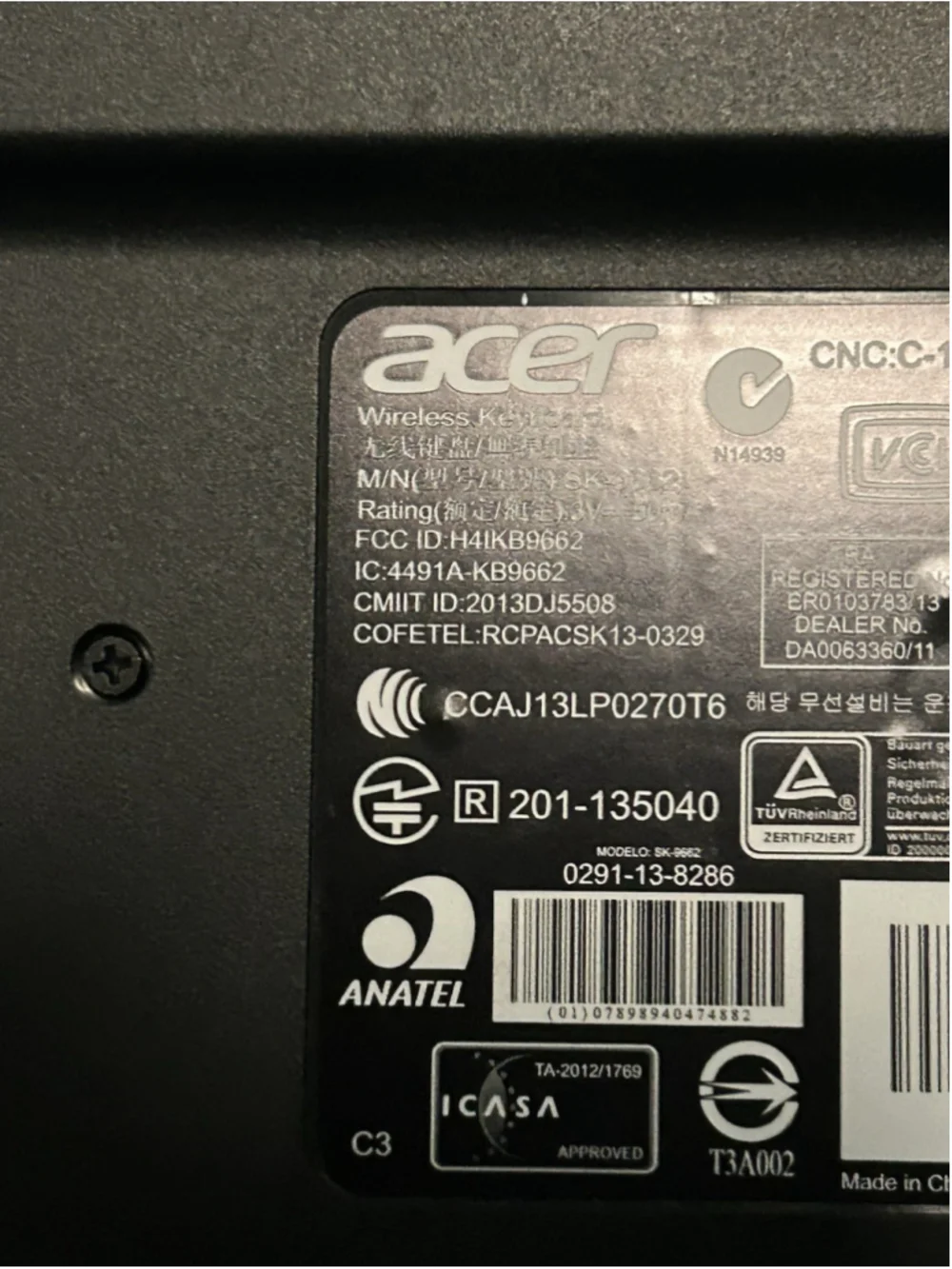 Acer Thin Wireless Keyboard Used Black with Side Number Pad Model C-12079